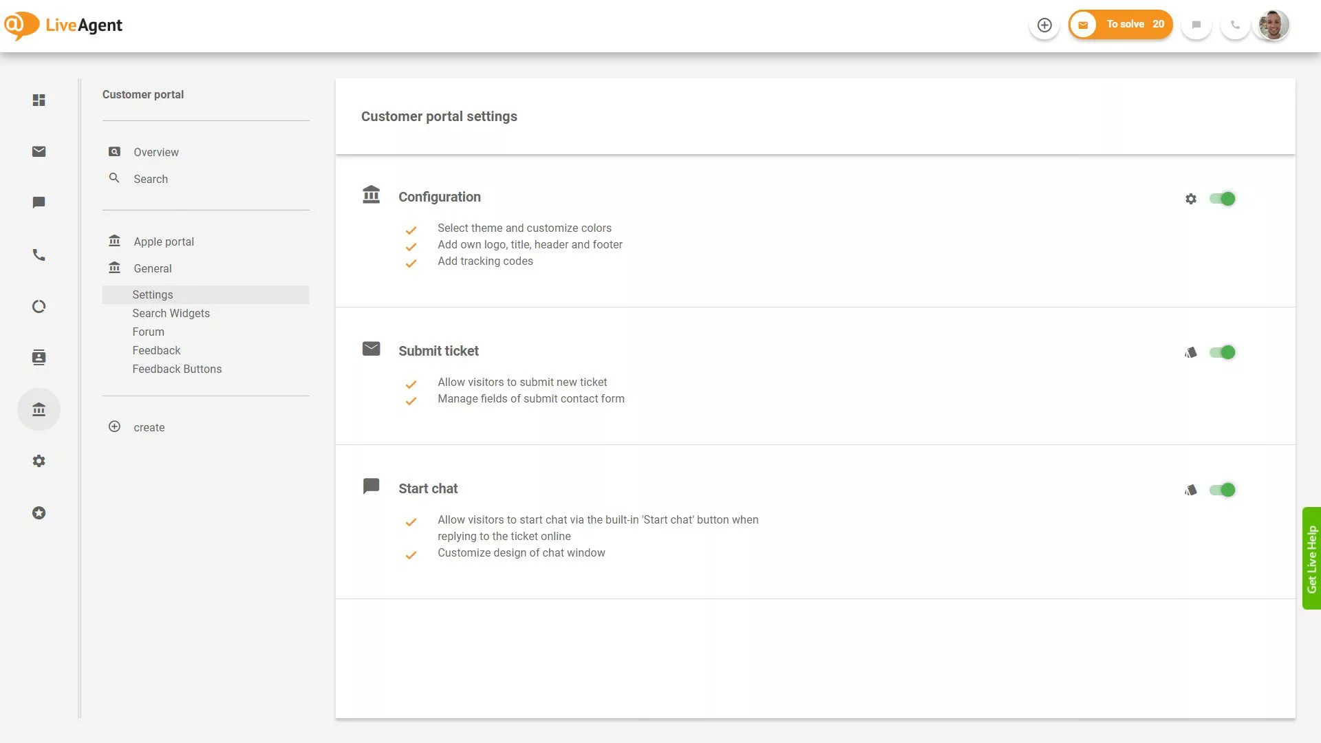 Prezentare generală a biletelor LiveAgent în aplicație