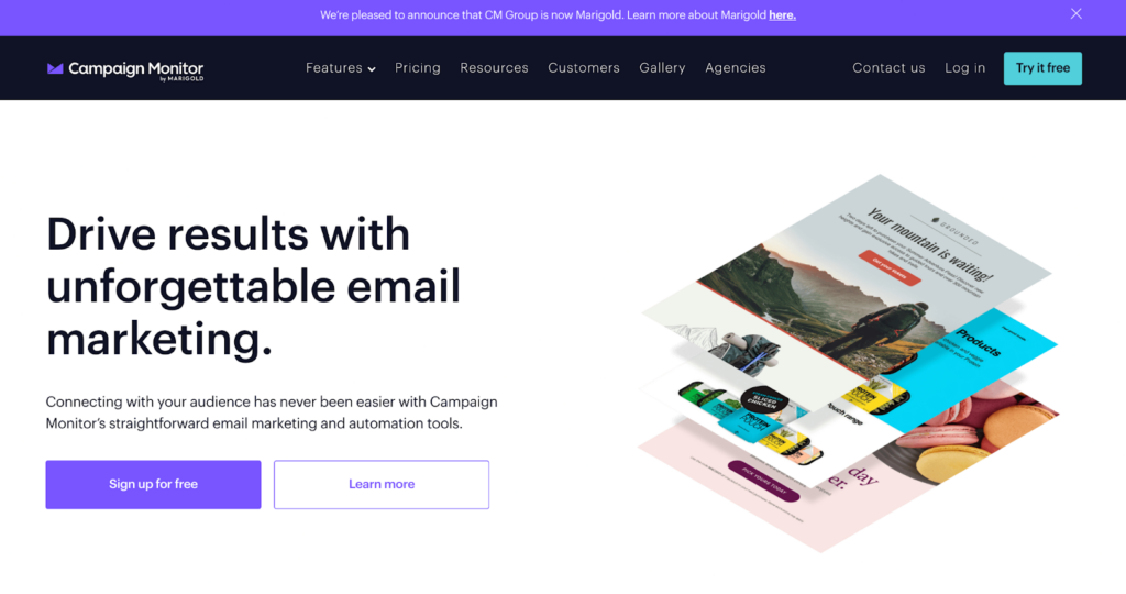 Pagina de pornire Campaign Monitor, sistem eficient de gestionare și marketing prin e-mail