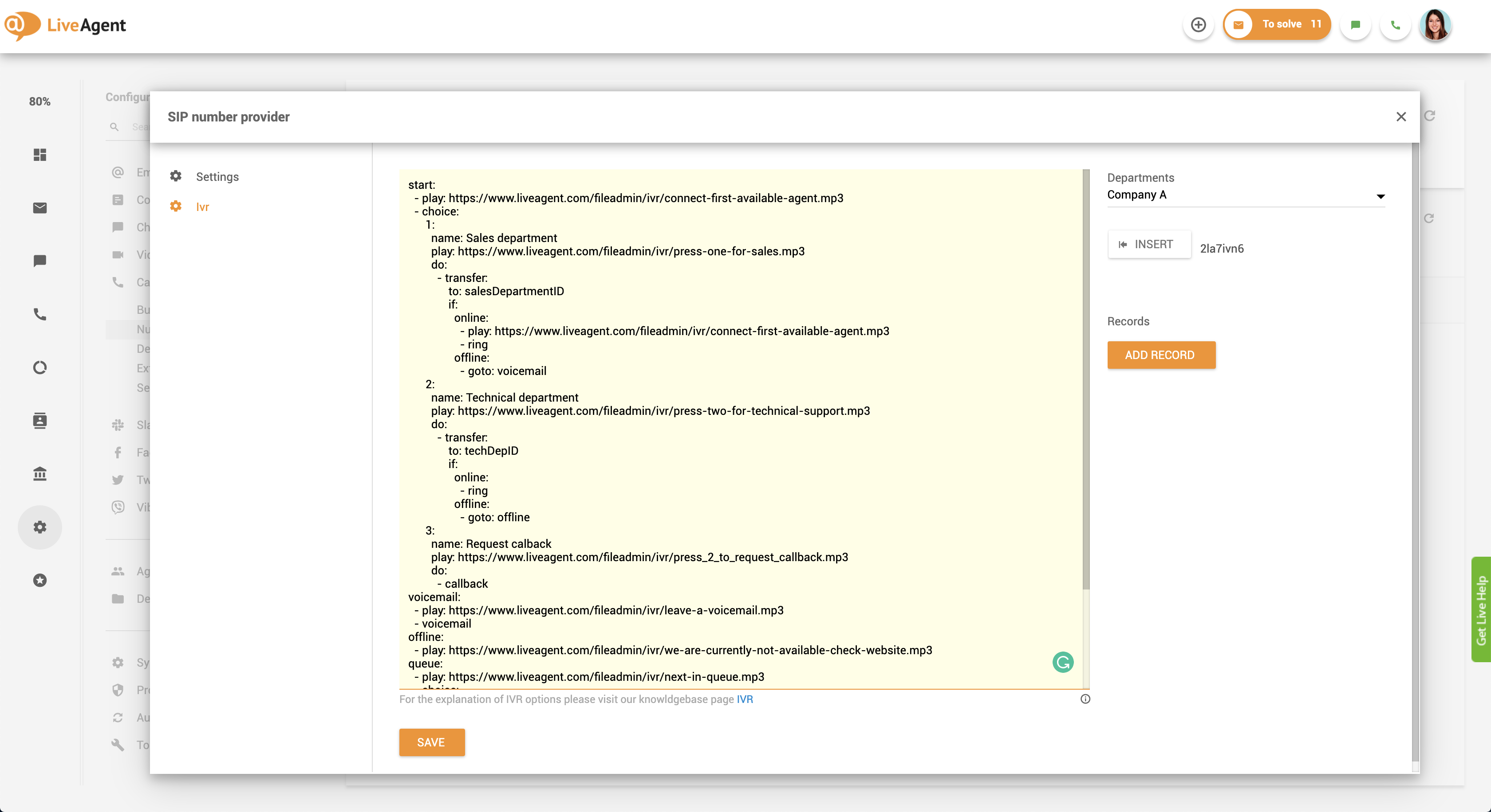 Configurare apel de revenire - script IVR în LiveAgent