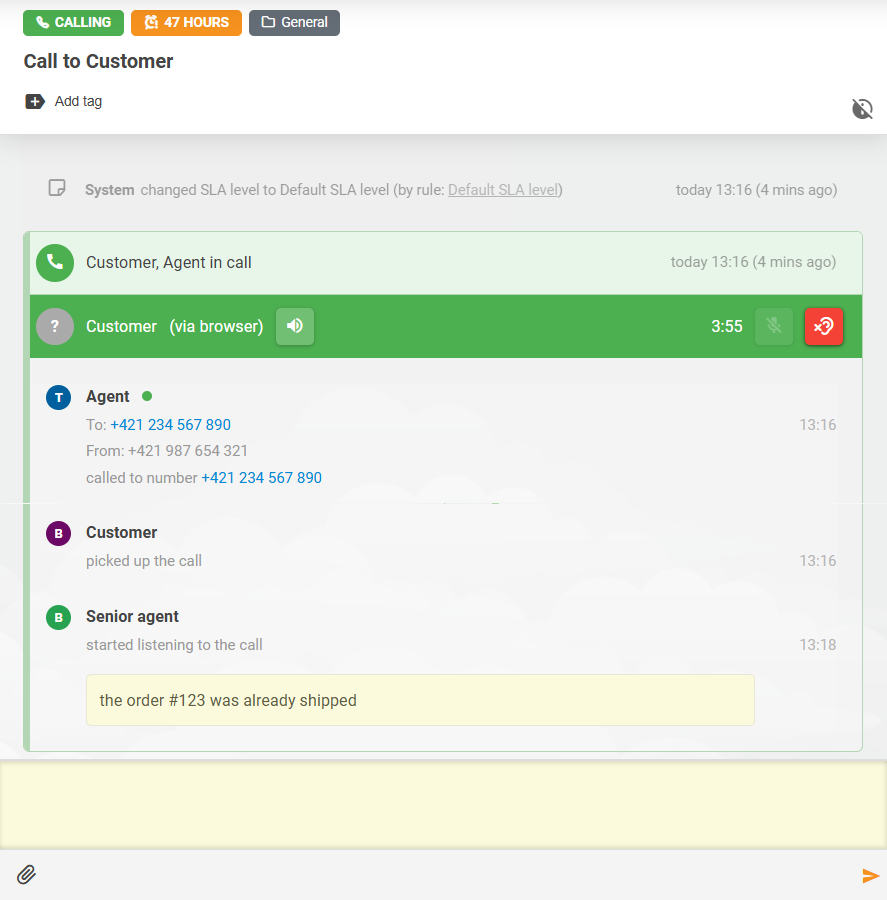 Funcție ascultare apeluri LiveAgent cu interacțiune prin note între agenți