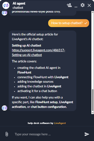 LiveAgent AI Agent chat cu suport markdown