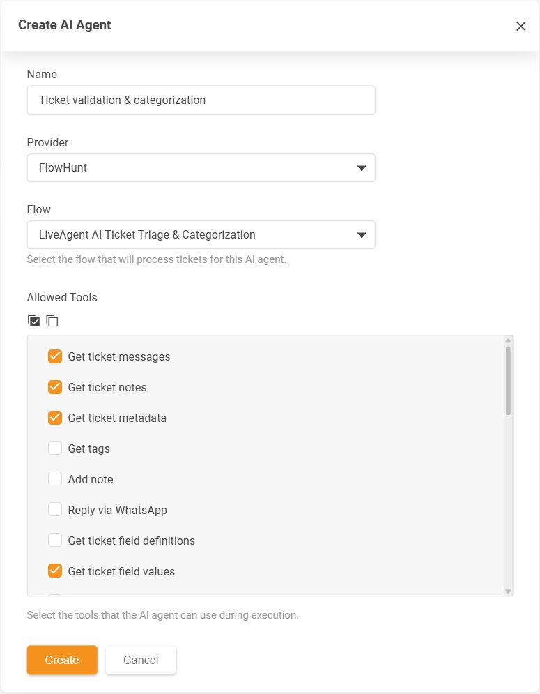 Dialogul Create AI Agent din LiveAgent cu lista Allowed Tools de acțiuni permise