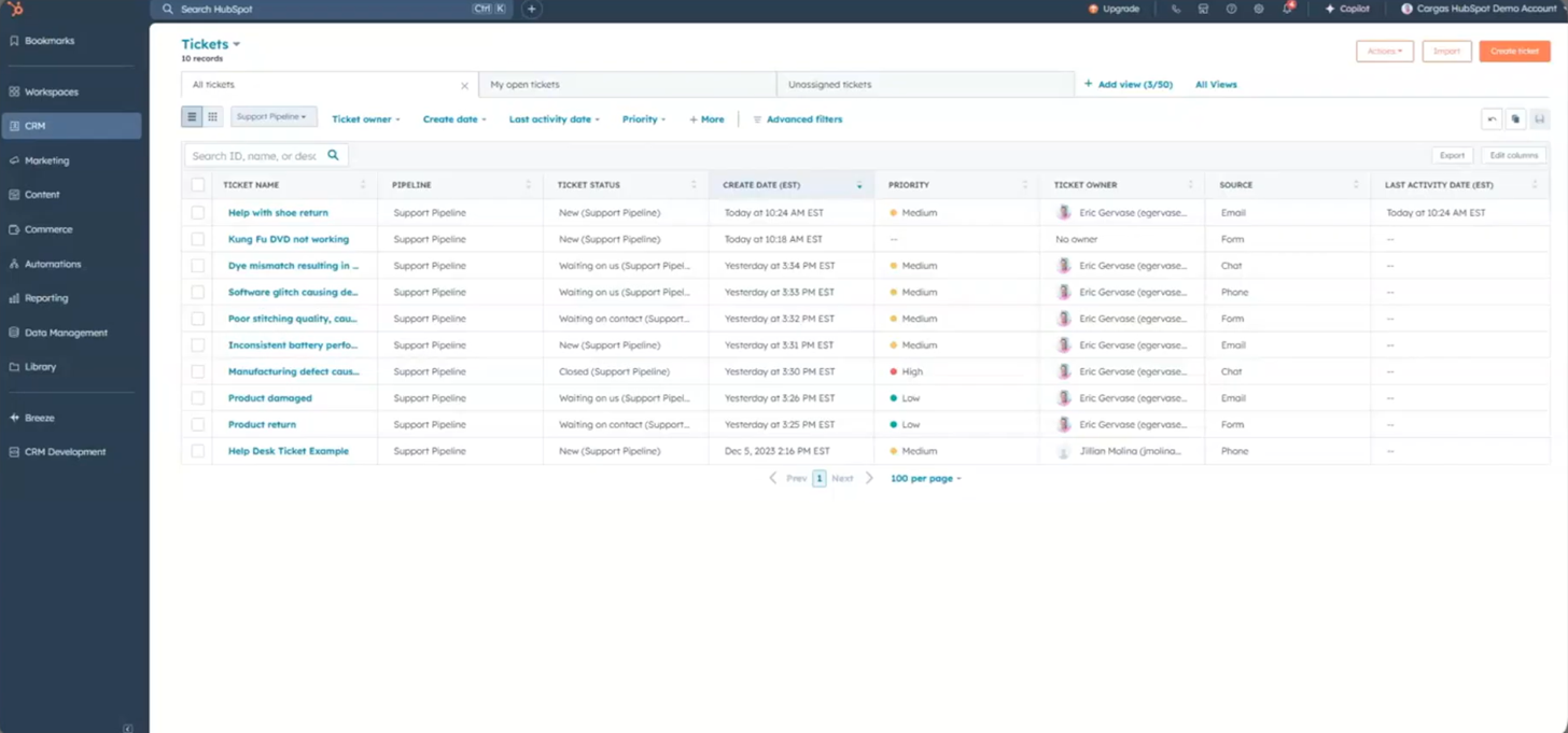 Help Desk HubSpot Service Hub cu pipeline de tichete și înregistrare CRM