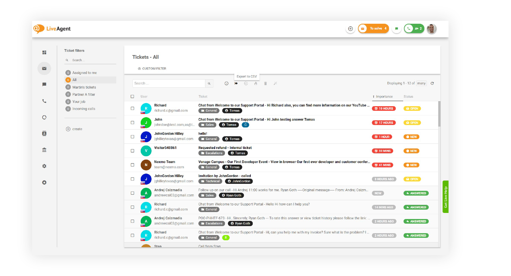 Inbox universal LiveAgent cu tichete din e-mail, chat și apeluri într-o singură coadă