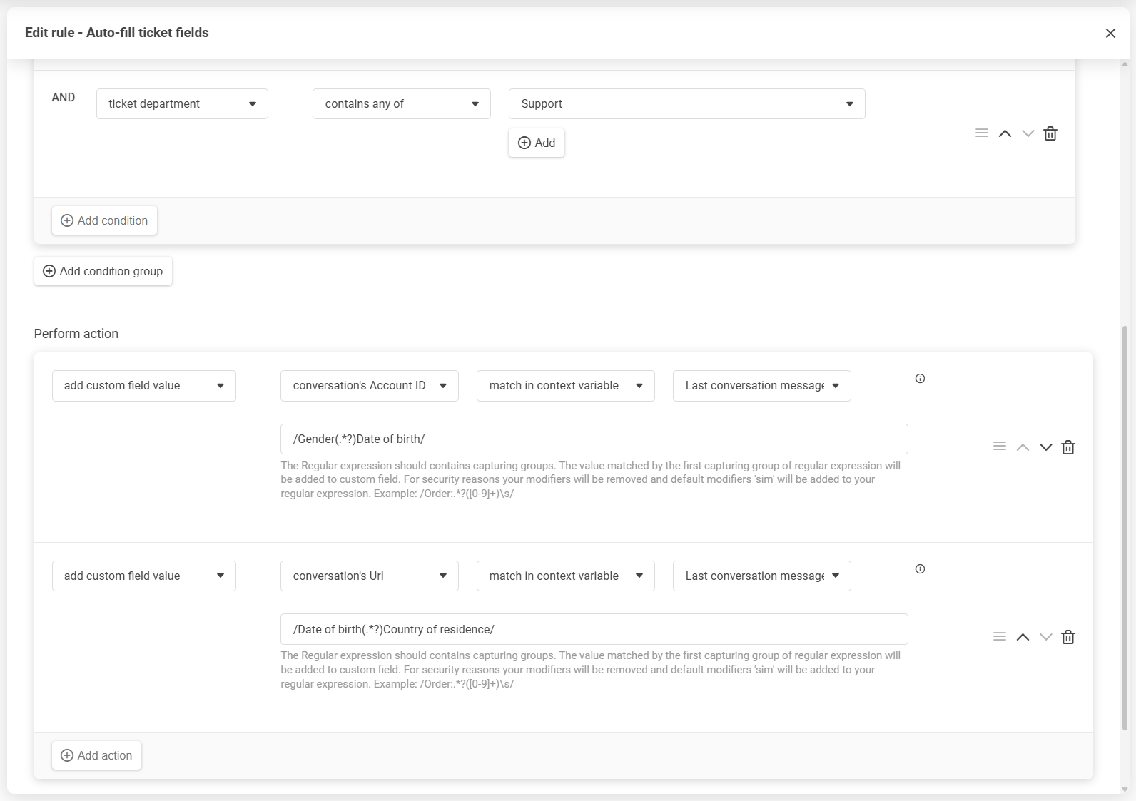 Editorul de reguli LiveAgent cu reordonare prin drag-and-drop a condițiilor și acțiunilor