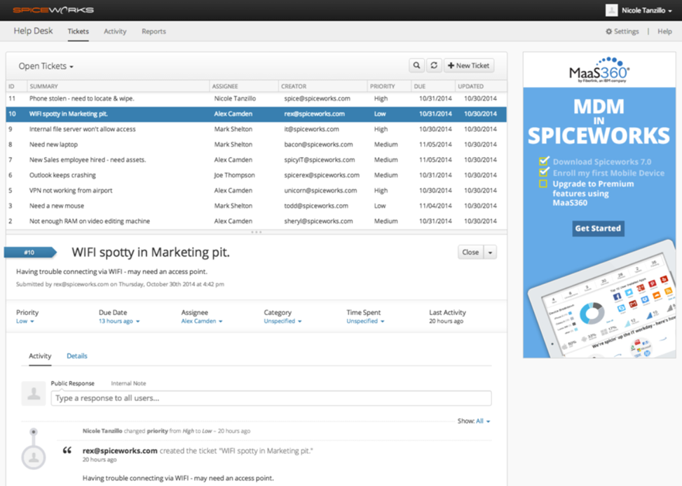 Lista de tichete Spiceworks Cloud Help Desk cu trimiteri din portalul utilizatorului