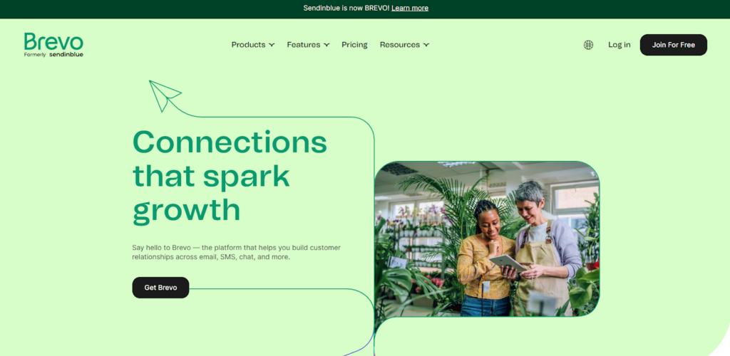 Pagina de pornire Brevo, software de gestionare a e-mailurilor cu caracteristici de marketing