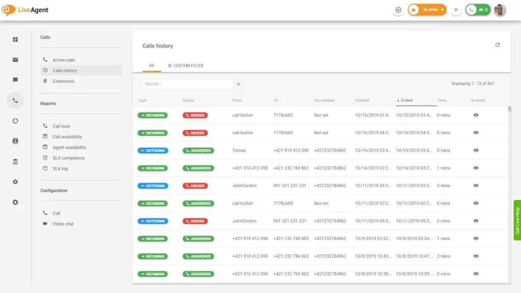 Prezentare generală a interfeței call center în LiveAgent.