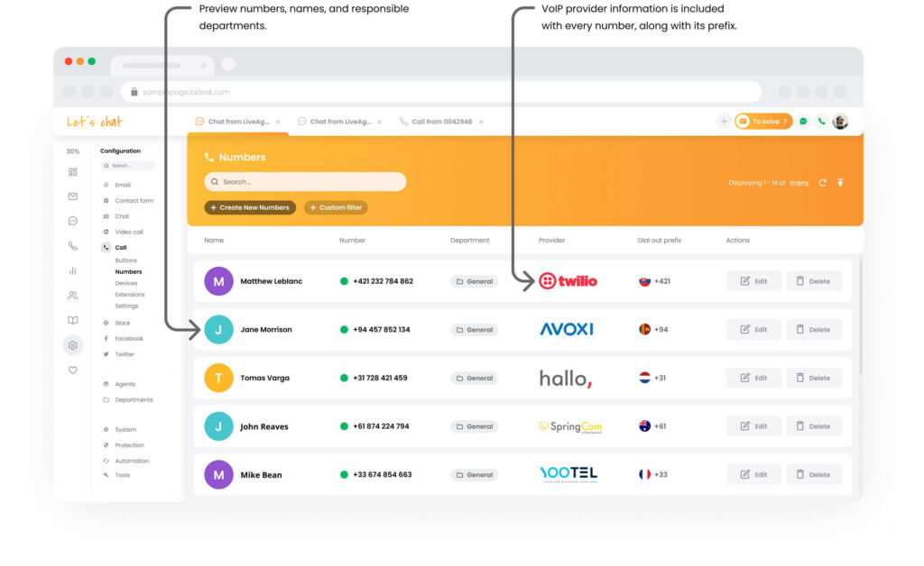 Captură de ecran a interfeței call center LiveAgent