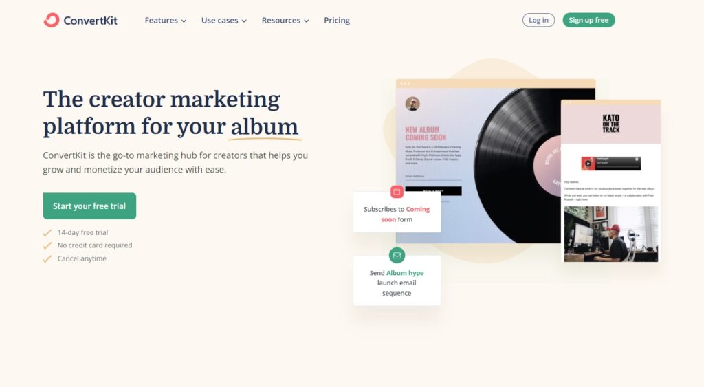 Pagina de pornire ConvertKit, software de gestionare a e-mailurilor pentru creatori