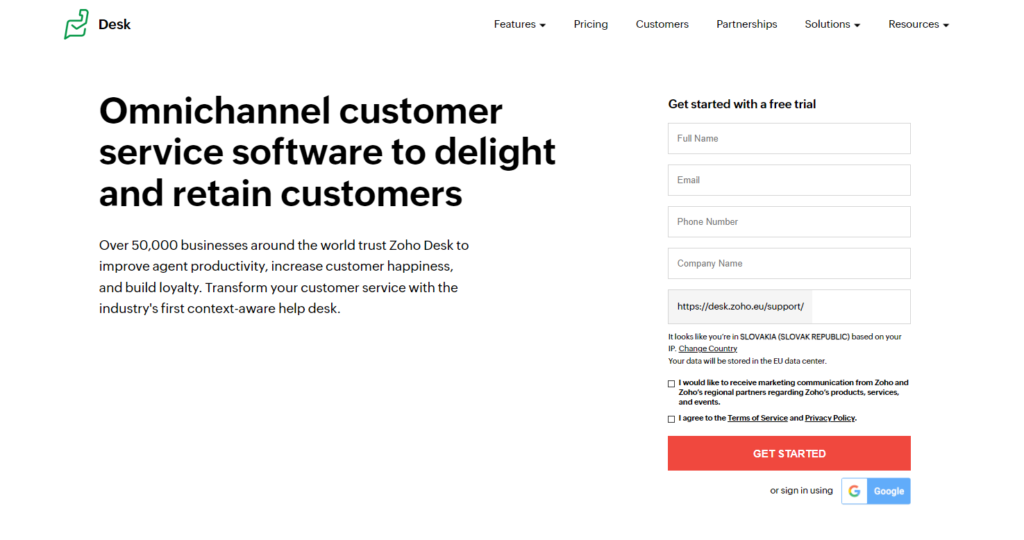 Pagina principală Zoho Desk