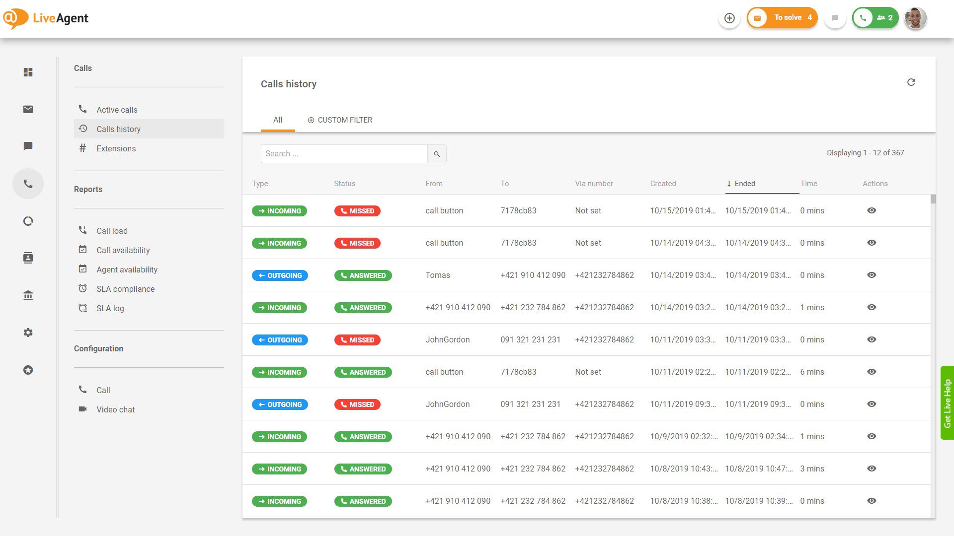 Prezentare generală a interfeței call center în LiveAgent.