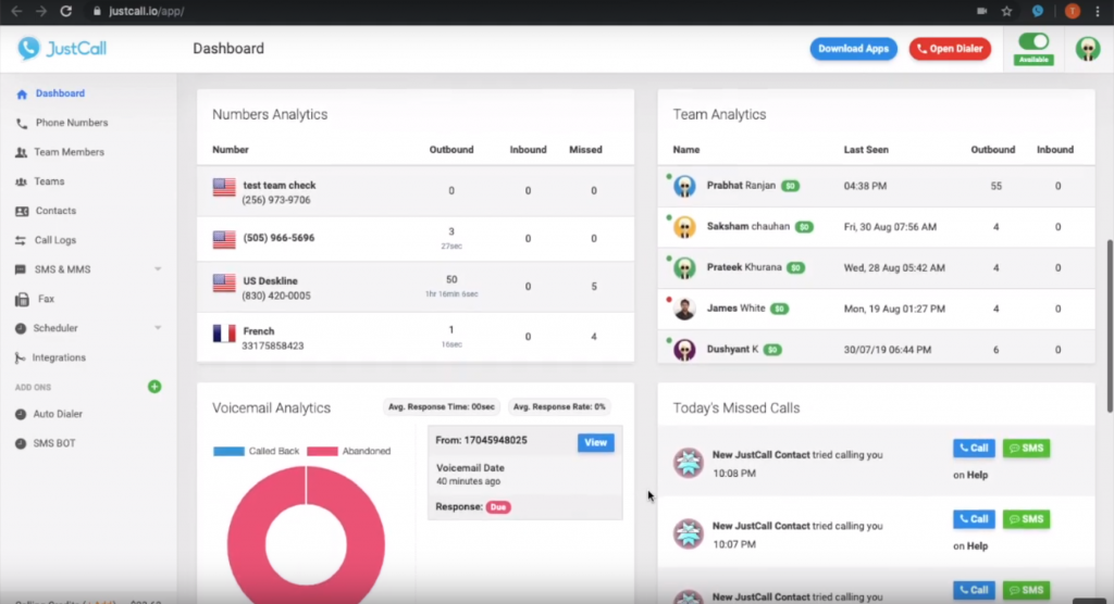 Tabloul de bord al JustCall