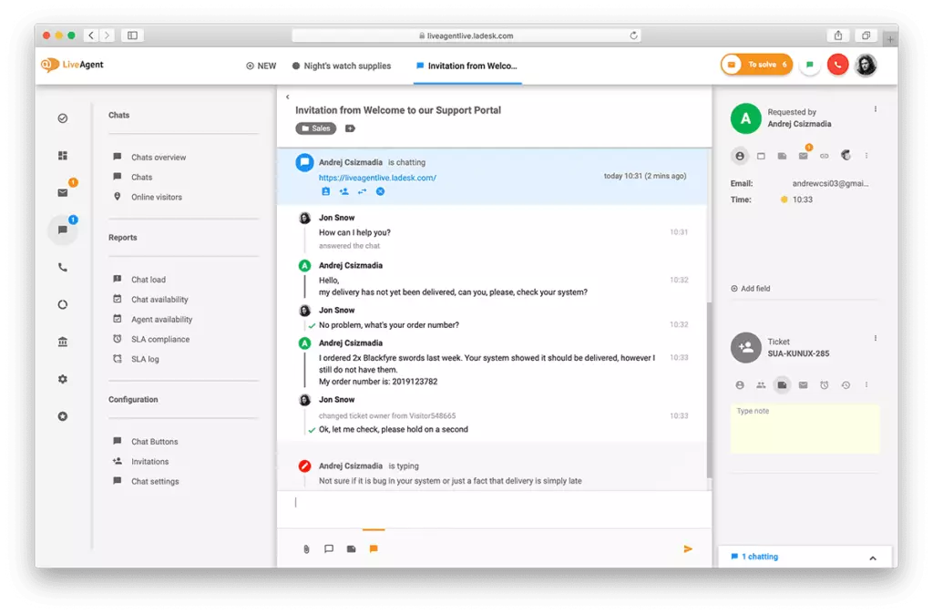 Prezentare generală a interfeței live chat în LiveAgent.