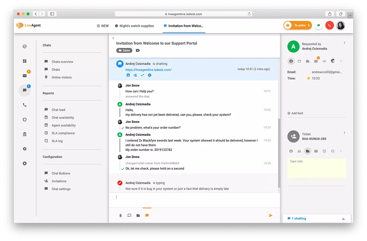 Prezentare generală a interfeței de chat în direct în LiveAgent.