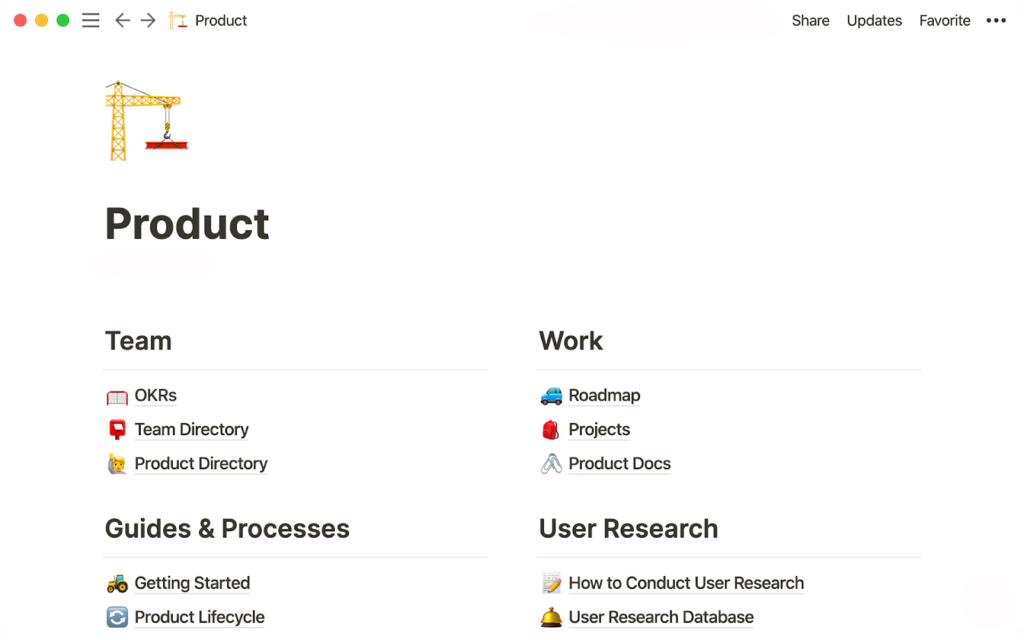 Ilustrație a unei baze de cunoștințe create folosind Notion