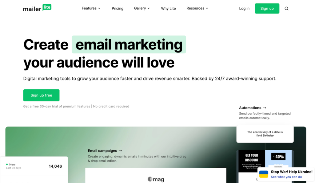 Pagina de pornire Mailerlite, un sistem ușor de utilizat de gestionare a e-mailurilor
