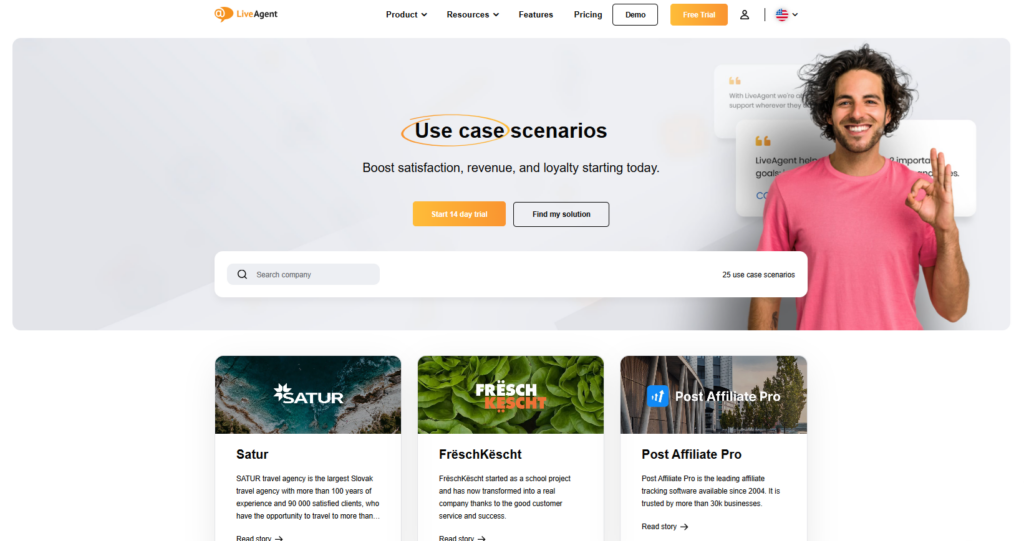Captură de ecran a site-ului LiveAgent unde sunt împărtășite poveștile de succes ale clienților lor
