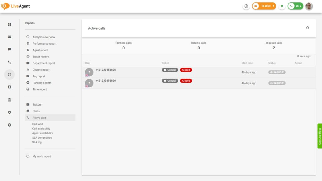 Raport centru de apeluri LiveAgent