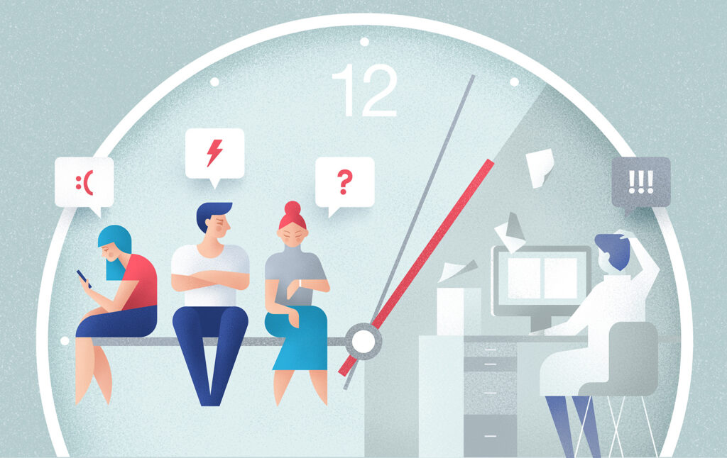 Ilustrație clienți așteptând suport