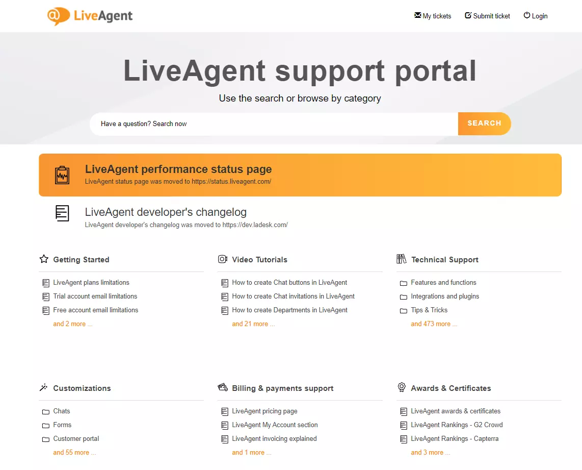 Portalul de suport LiveAgent cu articole și FAQ-uri