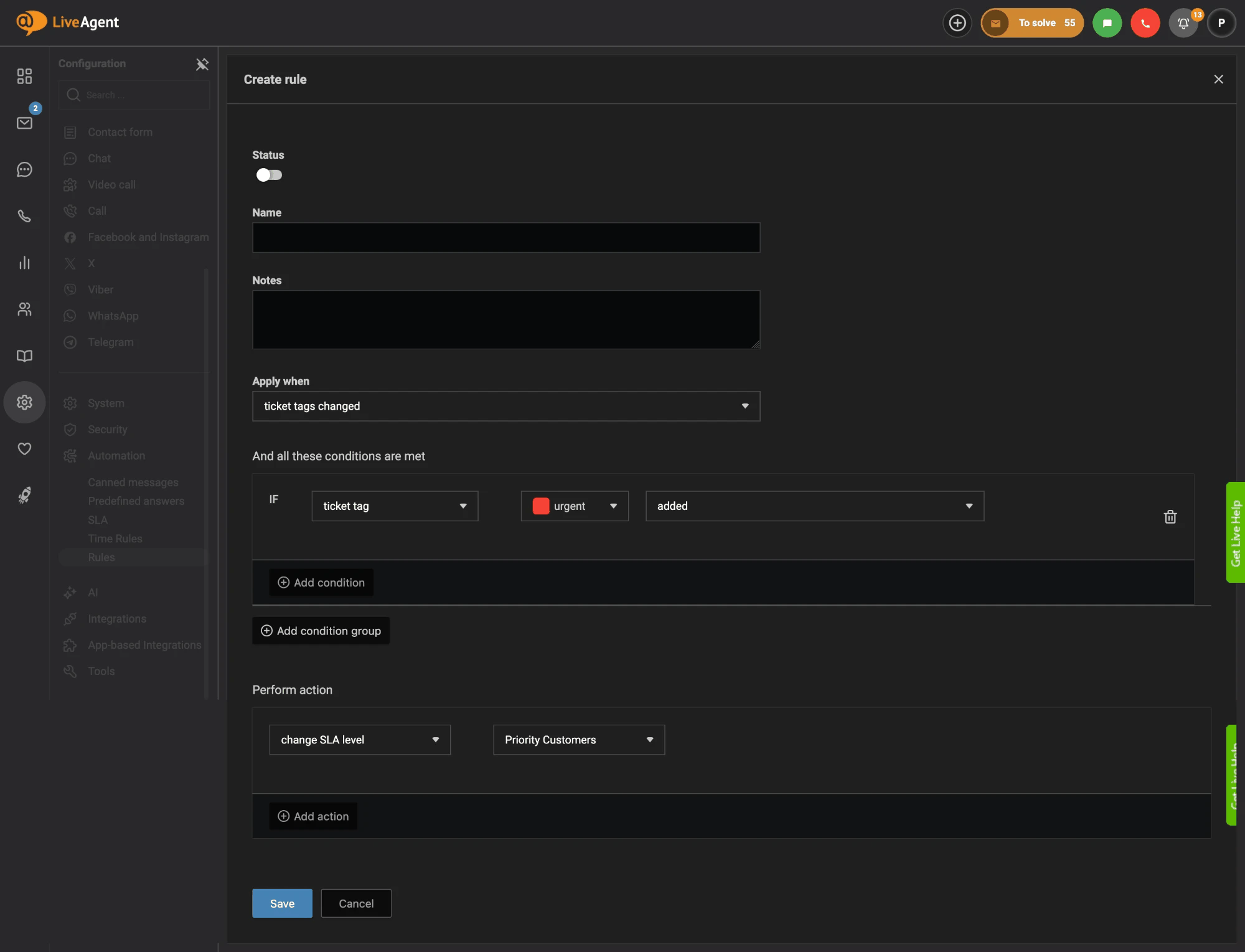 Regulă LiveAgent care schimbă nivelul SLA la Priority Customers atunci când eticheta urgent este adăugată unui ticket