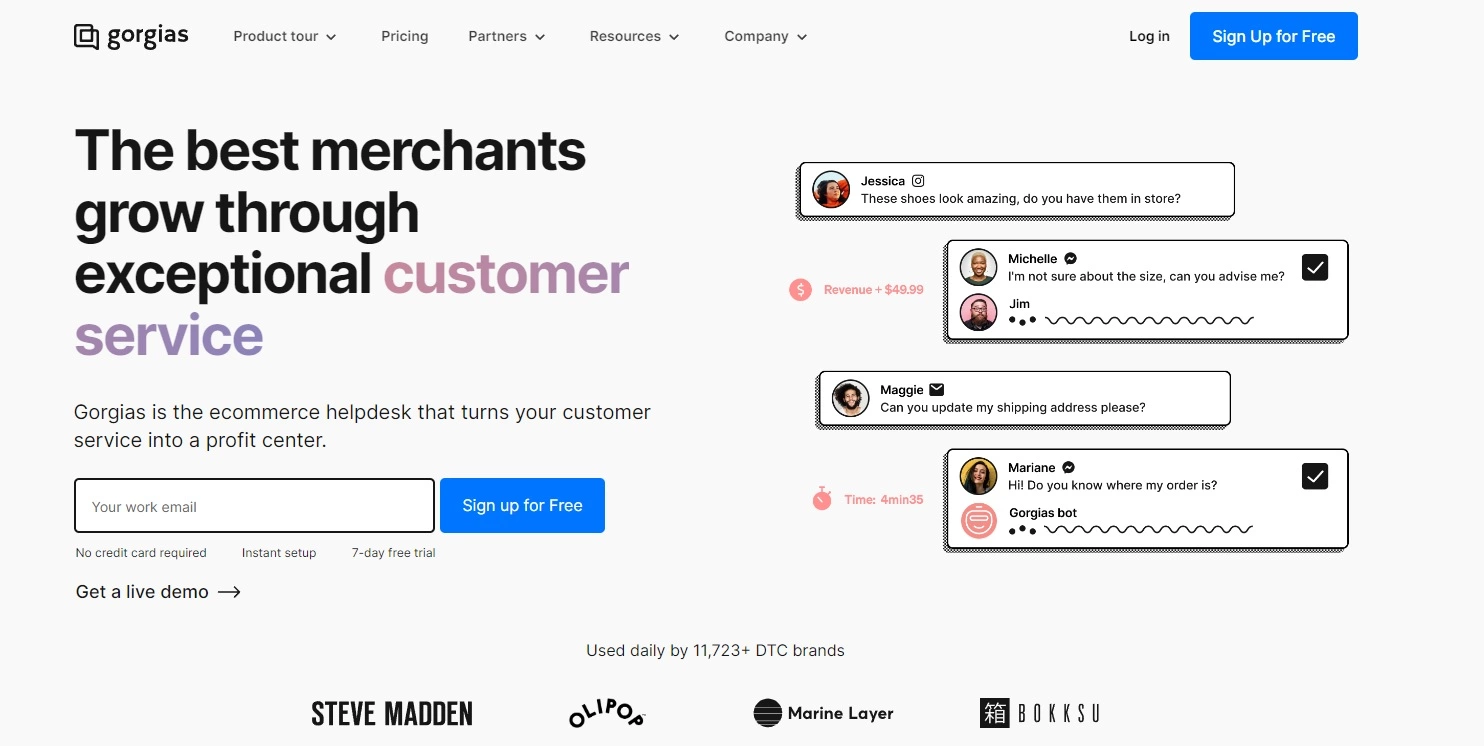 Pagina de start Gorgias - software live chat ecommerce axat pe profit