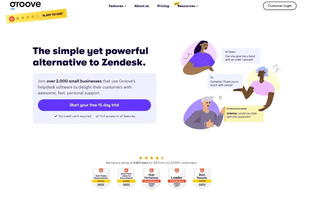 Homepage Groove - Alternativă Zendesk simplificată pentru afaceri mici