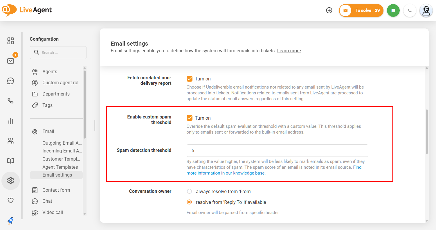 The interface of customizable spam threshold of LiveAgent