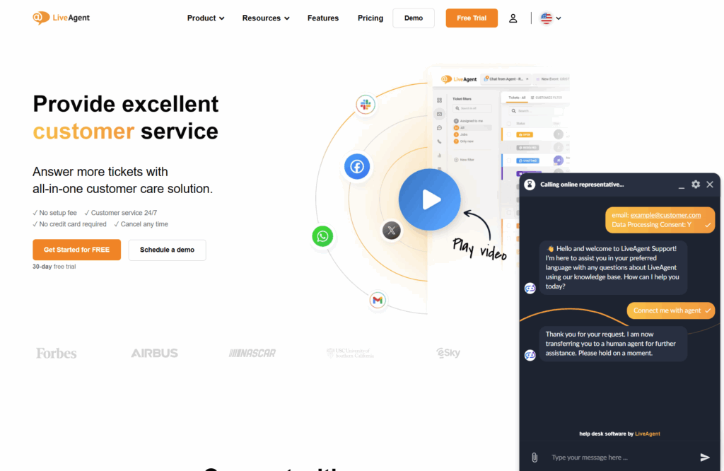 Conversație cu chatbot-ul AI al LiveAgent pe pagina web LiveAgent