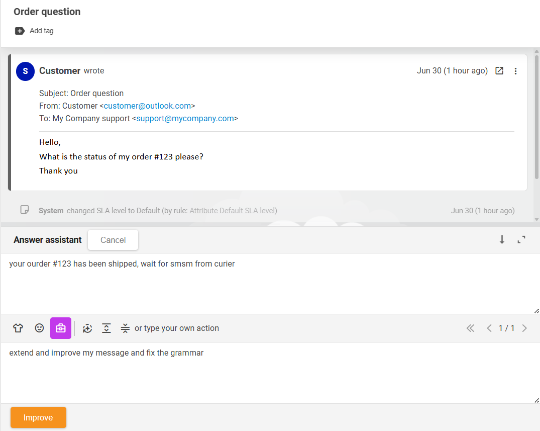 Funcția LiveAgent AI Answer Assistant