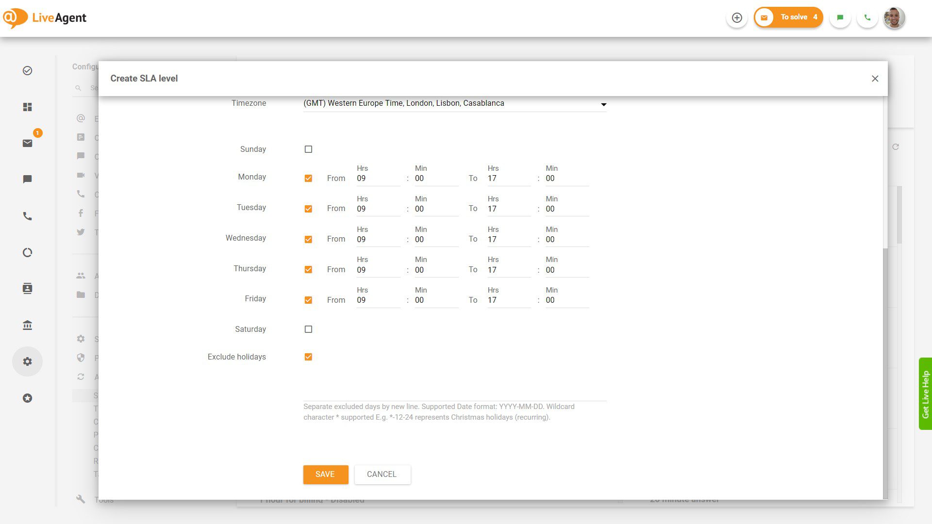 Setarea orelor de funcționare în LiveAgent