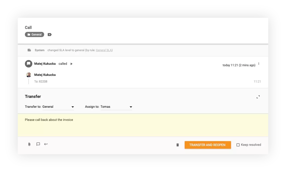 Captură de ecran care arată cum să transferați apeluri în LiveAgent către alte departamente și agenți