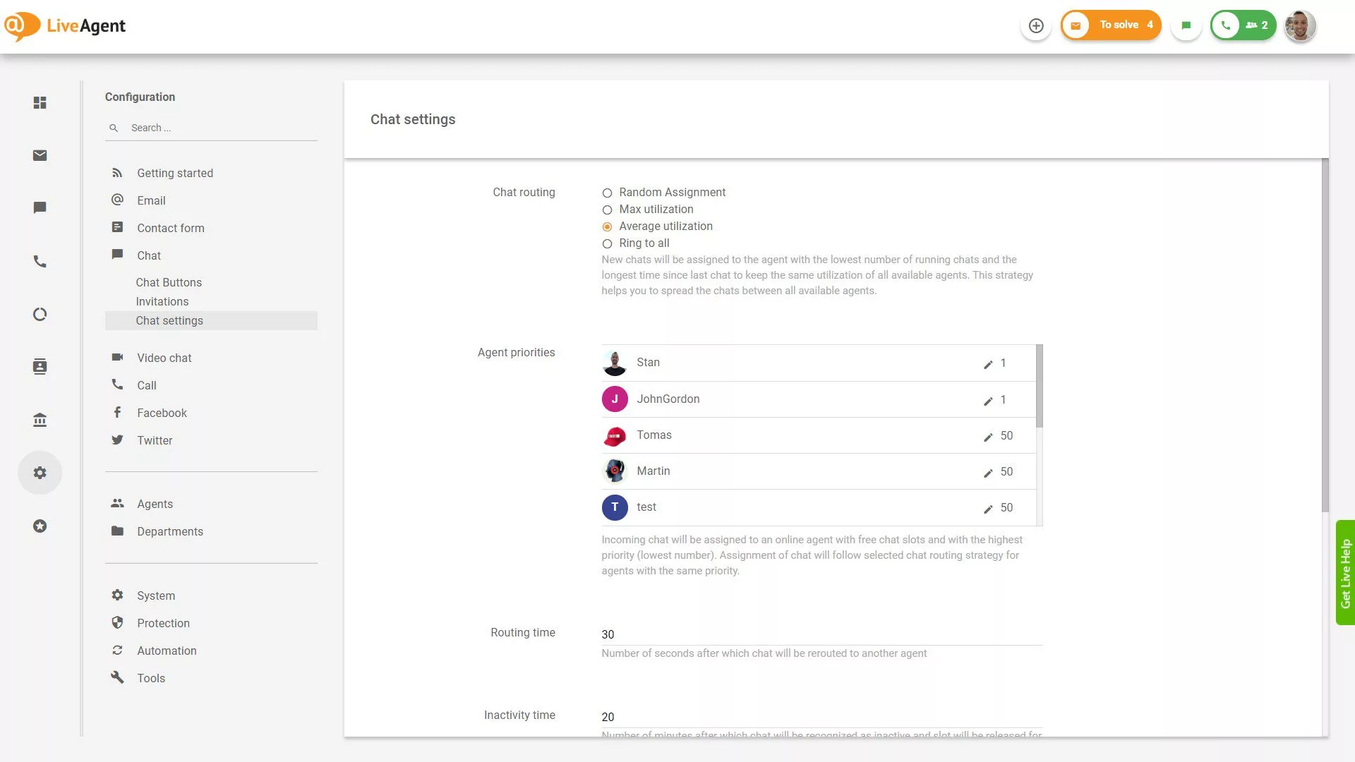 Setări de chat LiveAgent