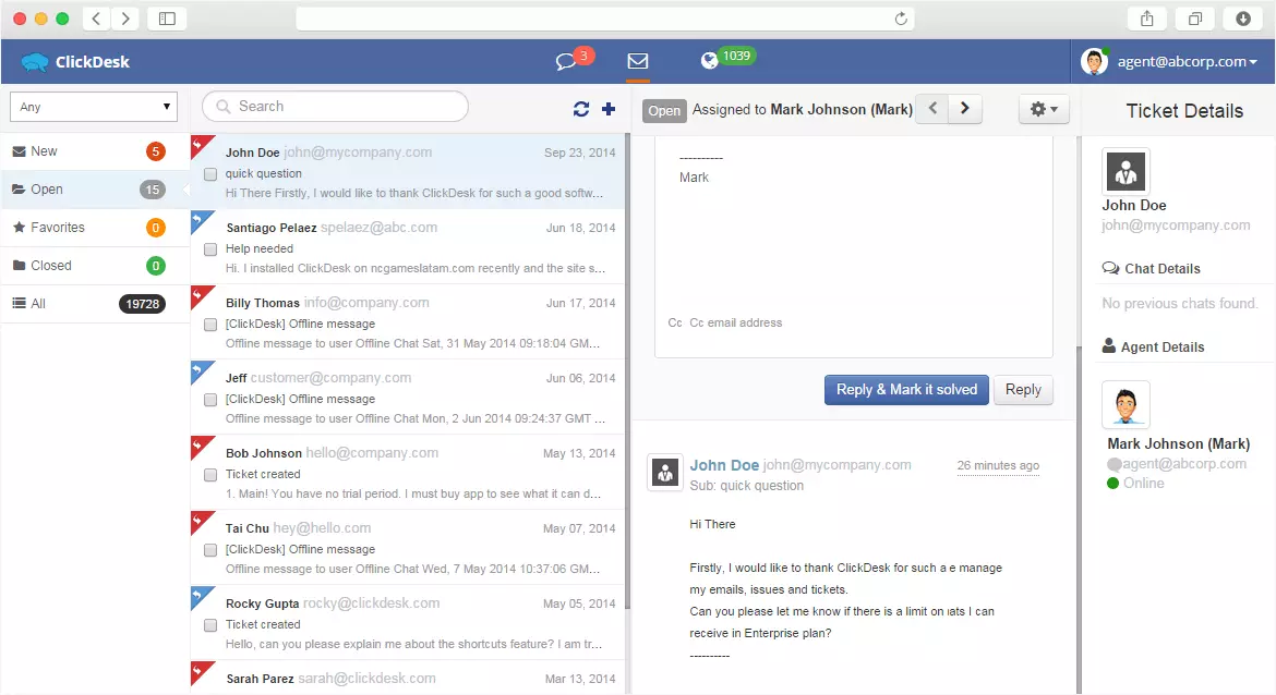 Tabloul de bord și live chat ClickDesk