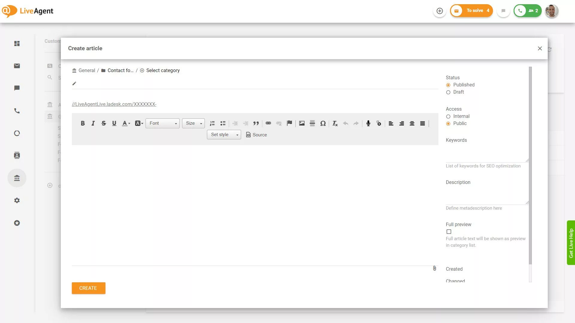 LiveAgent Creare articol bază de cunoștințe