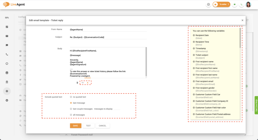 Personalizarea șabloanelor de e-mail ale LiveAgent