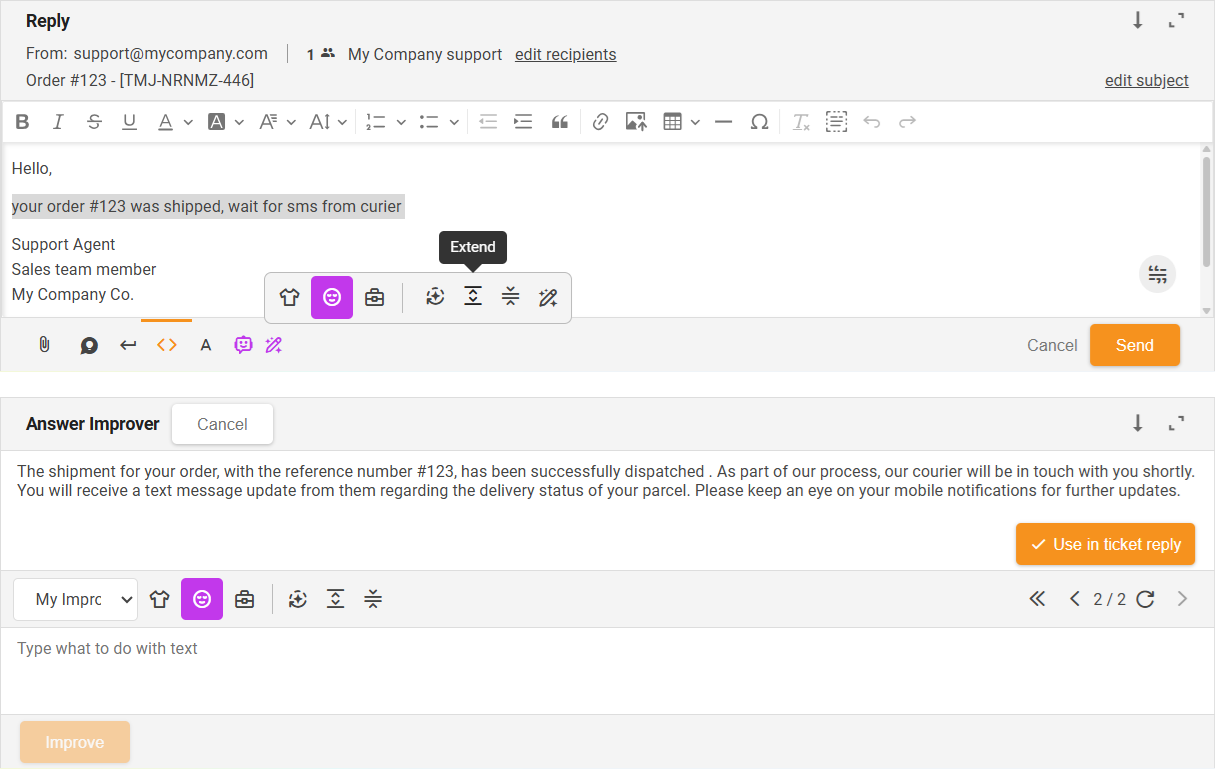 Funcția Extindere a îmbunătățitorului de răspunsuri AI - prezentare generală a interfeței