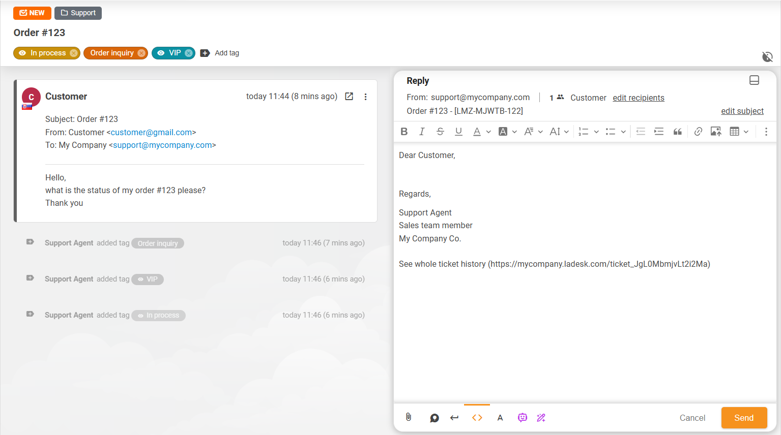 Vedere aspect tichet îmbunătățit în LiveAgent