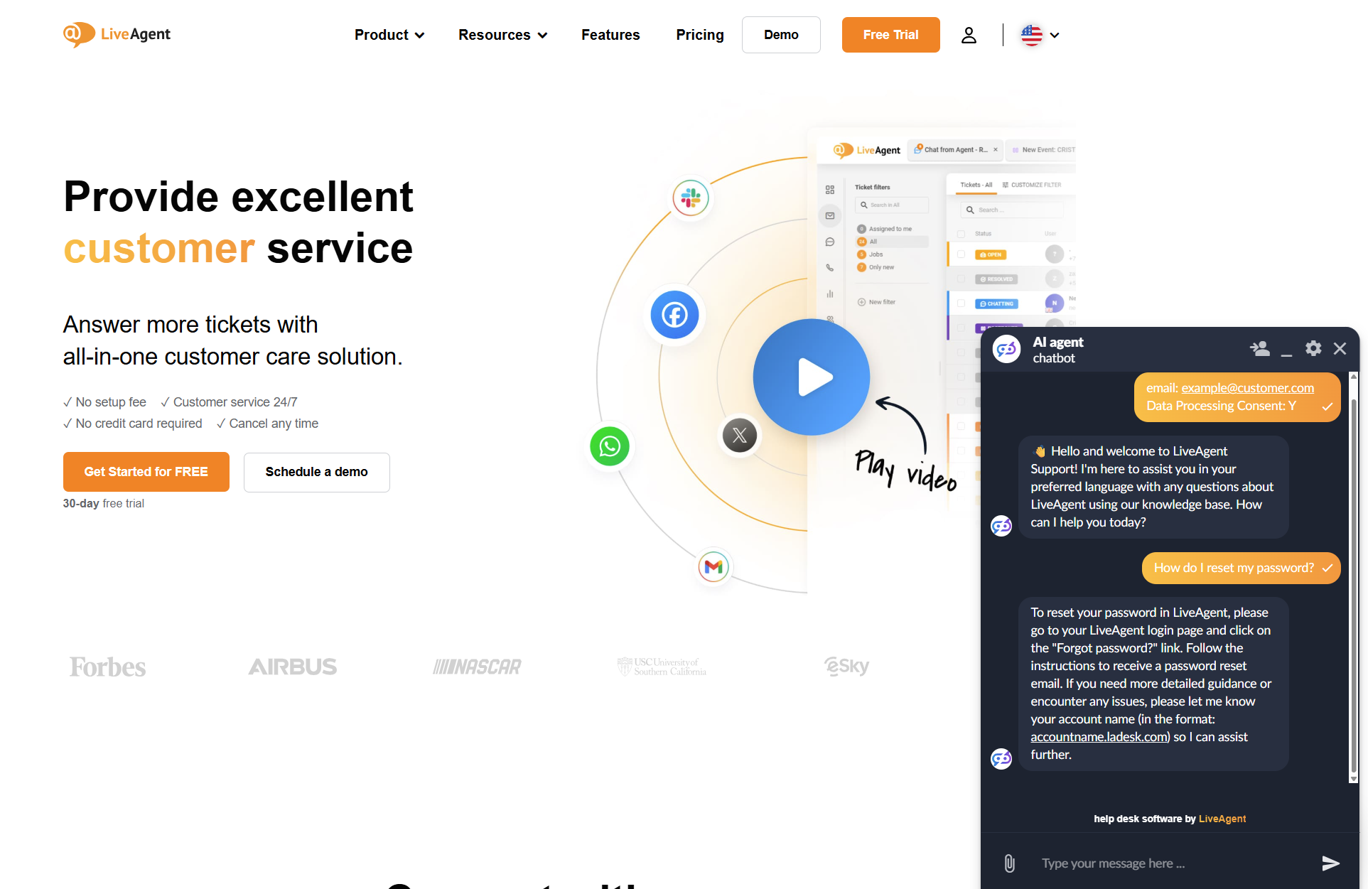 Conversație chat cu Chatbot-ul AI al LiveAgent pe pagina LiveAgent
