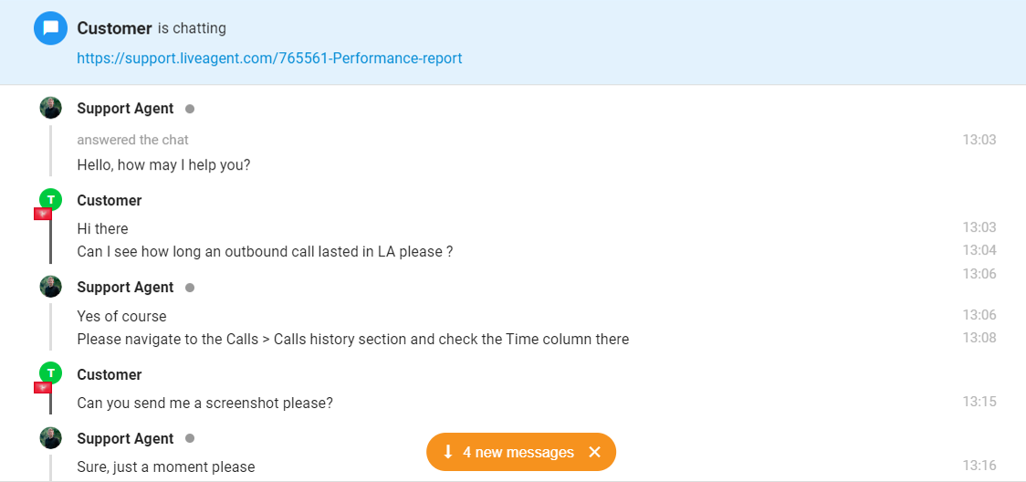 Captură de ecran a unui chat care arată o notificare de mesaje necitite