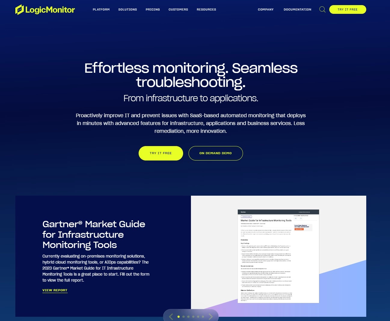 Captură de ecran a paginii principale LogicMonitor - platformă de performanță IT pentru monitorizare și depanare fără efort