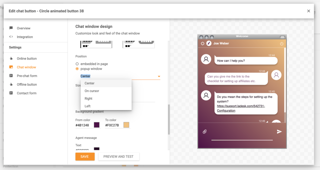 Funcția fereastra pop-up LiveAgent