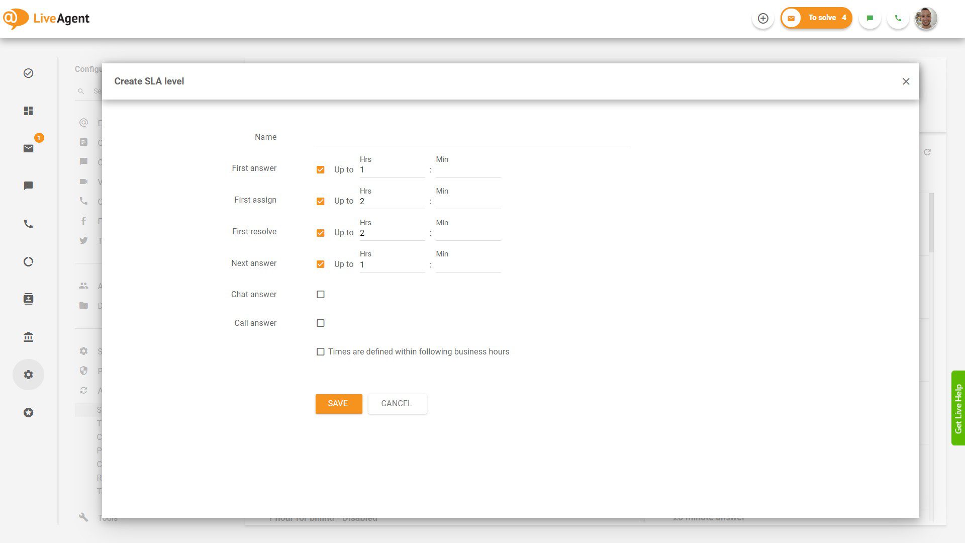 Creați nivel SLA în LiveAgent