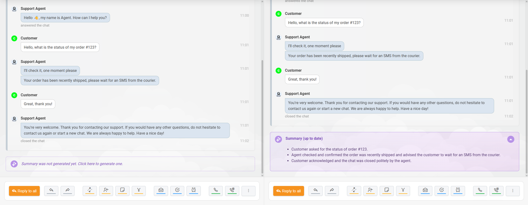Sumar AI al tichetelor LiveAgent generat pentru o conversație chat