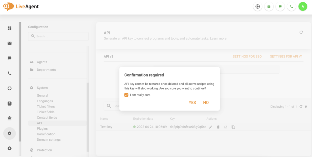 Confirmarea eliminării API v3 cu o casetă de bifat