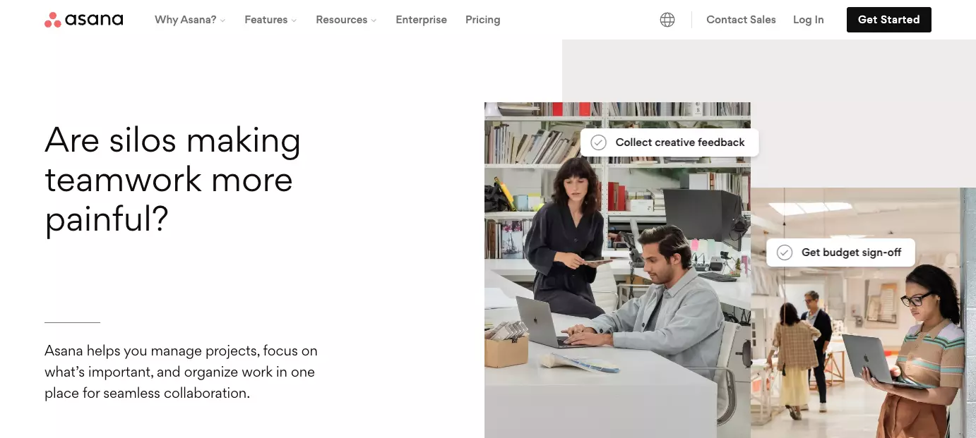 Pagina de start a Asana - îmbunătățiți eficiența în organizația dumneavoastră prin îmbunătățirea colaborării în echipă, organizarea muncii și menținerea transparenței.