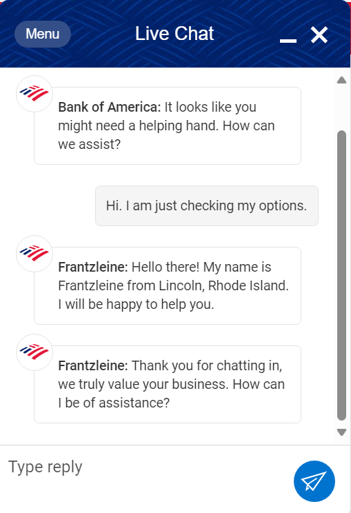 Exemplu de chat live Bank of America