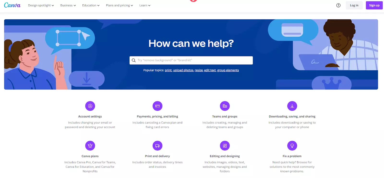 Pagina bazei de cunoștințe Canva