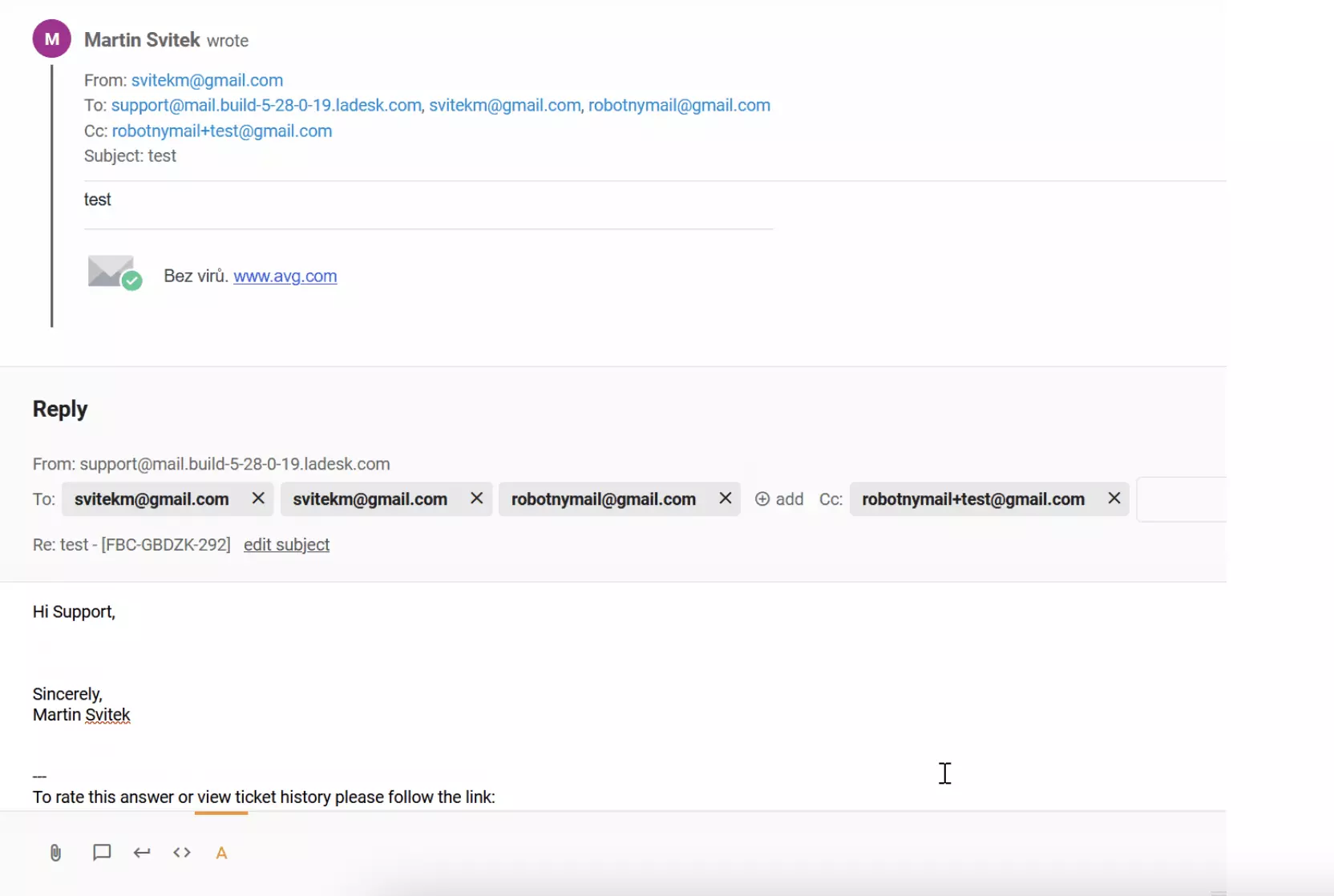 O eroare cu destinatar duplicat în cc în biletele LiveAgent